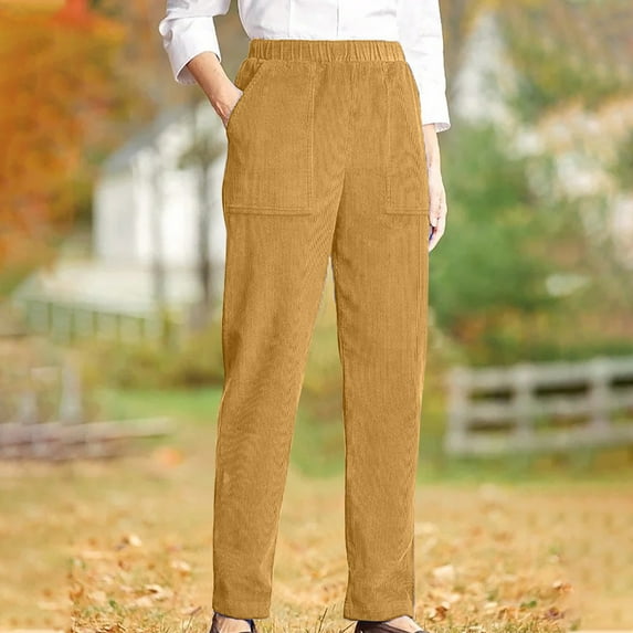 QUNYINEY Chinos Women Pants Business Corduroy Straight Leg Yellow Casual Pant Elastic Waist Relaxed Fit with Pockets Yellow Pants