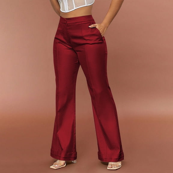 QUNYINEY Chinos Women's Pants Business Red Work Flared Casual Pant with Pockets Slim Red Comfort Waist Pants