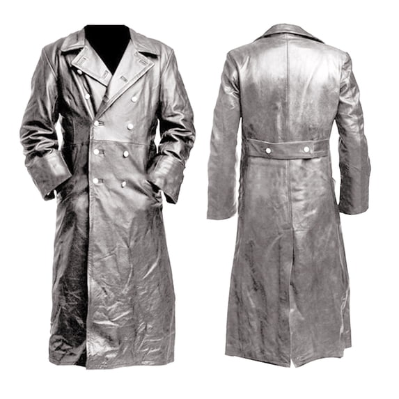 QUNYINEY Coats for Men Long Sleeve White Faux Leather Solid Trench Coat Double Breasted Vintage Loose Outerwear Coats