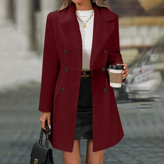 QUNYINEY Coats for Women Fleece Red Trench Coat Warm Turndown Collared Loose Fit Long Sleeve Double Breasted Women Jacket