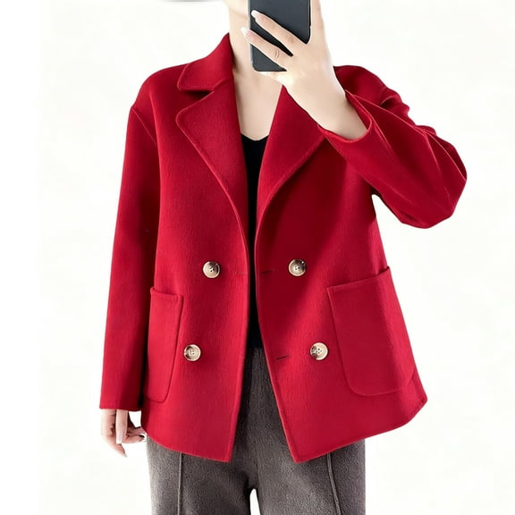 QUNYINEY Coats for Women Red Fleece Trench Coat Double Breasted Turndown Collar Loose Fit with Pockets Long Sleeve Jacket Women