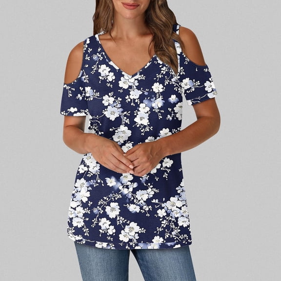 QUNYINEY Cold Shoulder Women's Blouses V Neck Casual Floral Tops Short Sleeve Loose Womens Tops Trendy