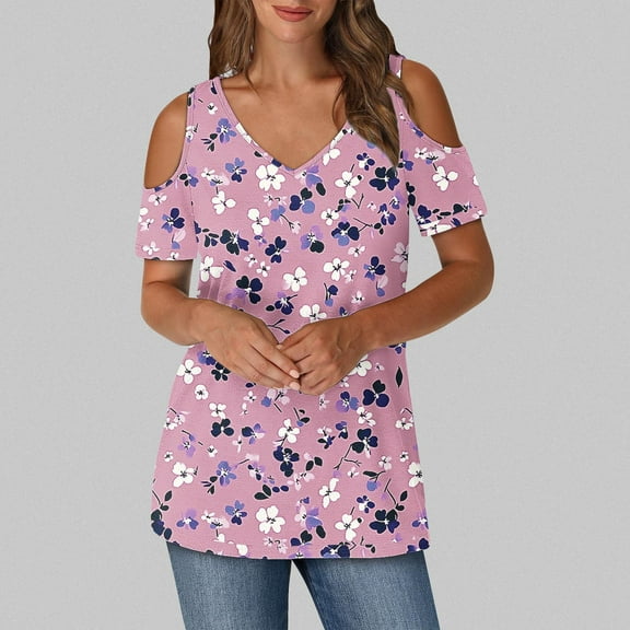 QUNYINEY Cold Shoulder Womens Blouse V Neck Casual Floral Tops Loose Short Sleeve Tops for Women