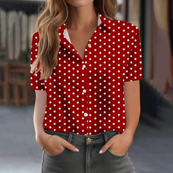 QUNYINEY Collared Button Down Shirts for Women Casual Short Sleeve Polka Dot Blouses Loose Women's Blouses
