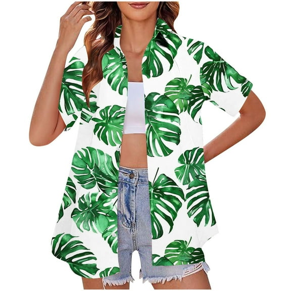 QUNYINEY Collared Button Down Shirts for Women Short Sleeve Hawaiian Casual Tops Loose Summer Beach Tops for Women