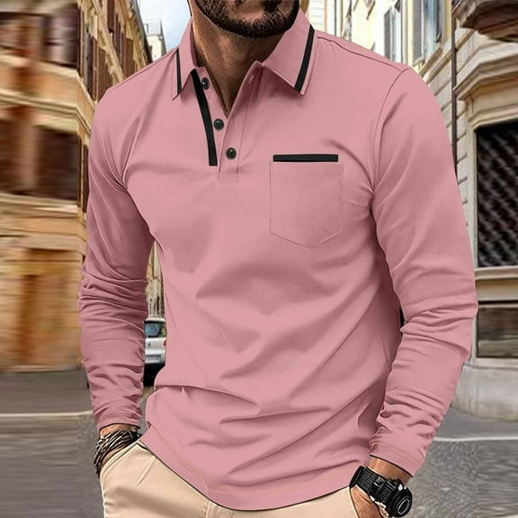 QUNYINEY Collared Mens T Shirts Casual Long Sleeve Pink Solid Tops Pullover Drop Shoulder Loose Button with Pocket T-Shirts