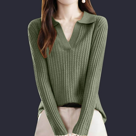 QUNYINEY Collared Sweaters for Women Trendy Ribbed Knit Solid Green Pullover Tops Long Sleeve Relaxed Fit Casual Sweaters