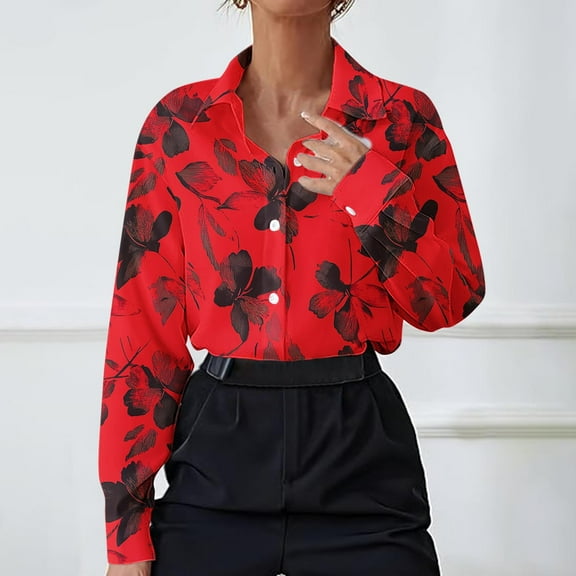 QUNYINEY Collared Tshirts Shirts for Women Long Sleeve Casual Red Floral Blouse Button Down Drop Shoulder Loose T-Shirts Womens Tops
