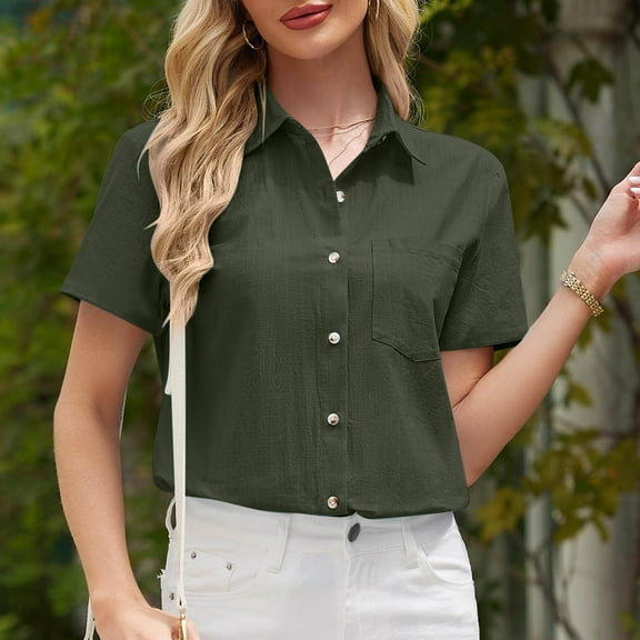QUNYINEY Collared Women Button Down Shirts Casual Short Sleeve Solid Tops Business with Pocket Loose Shirts