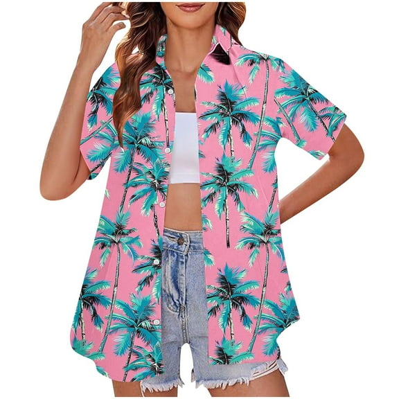 QUNYINEY Collared Women Button Down Shirts Hawaiian Short Sleeve Casual Tops Summer Beach Loose Tops for Women