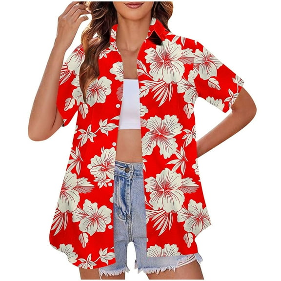 QUNYINEY Collared Women's Button Down Shirts Hawaiian Short Sleeve Casual Tops Summer Beach Loose Tops for Women