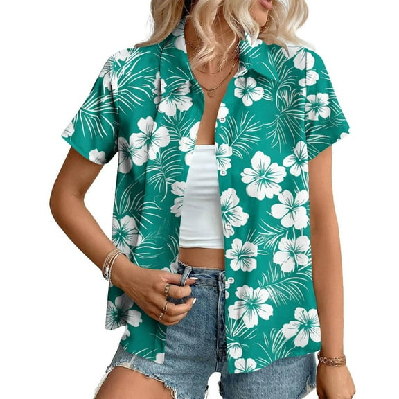 QUNYINEY Collared Women's Button Down Shirts Hawaiian Short Sleeve Casual Tops Summer Loose Tops for Women