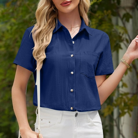 QUNYINEY Collared Women's Button Down Shirts Short Sleeve Solid Casual Tops Loose Business with Pocket Shirts
