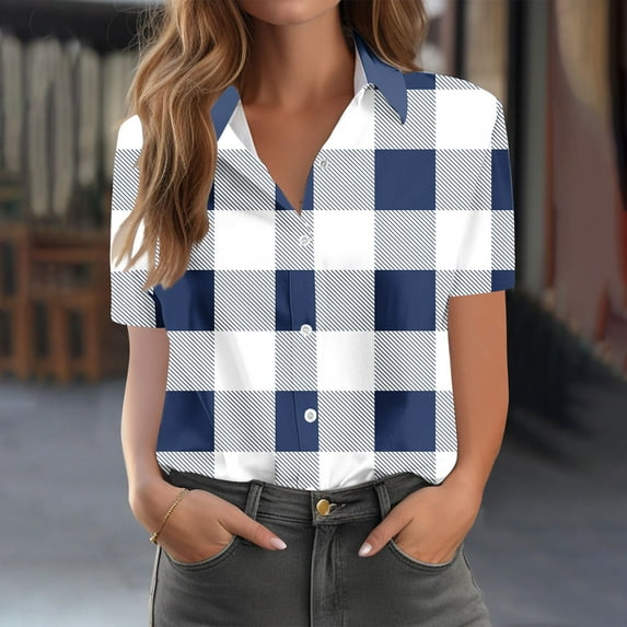 QUNYINEY Collared Womens Button Down Shirts Casual Plaid Short Sleeve Blouses Loose Office Womens Blouses