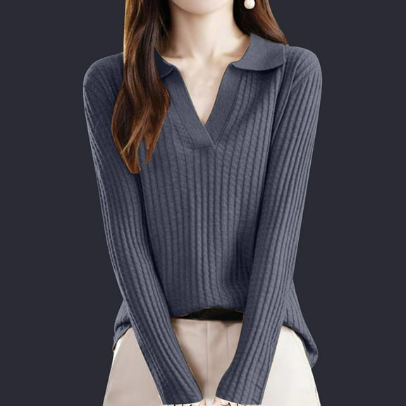 QUNYINEY Collared Womens Sweaters Solid Ribbed Knit Gray Pullover Tops Casual Relaxed Fit Long Sleeve Sweaters
