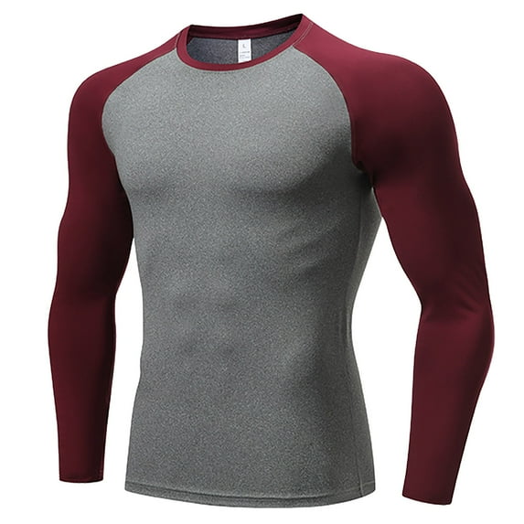 QUNYINEY Colorblock Men Shirts Crew Neck Red Athleisure Long Sleeve Tops Stretch Quick-Dry Drop Shoulder Pullover Skinny Men T Shirts