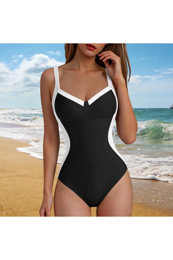 Colorblock One Piece Swimsuit Women Tummy Control Standard Straps Bathing Suits V Neck Slimming Modest Women Swimwear