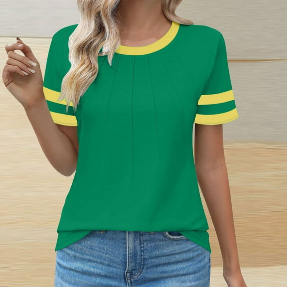 QUNYINEY Colorblock Spring Tops for Women Short Sleeve Green Casual Crew Neck Shirts Loose Pleated Women's T-Shirts