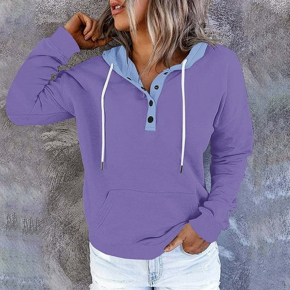 QUNYINEY Colorblock Sweatshirts for Women Button Hooded Long Sleeve Shirts Loose Fit Pullover Casual Women's Hoodies