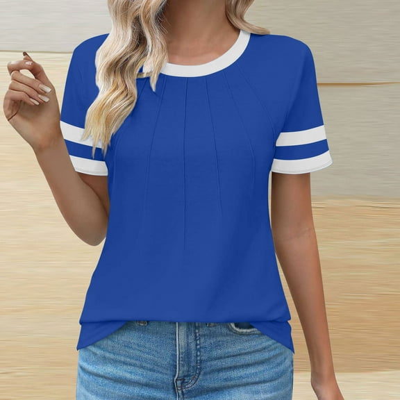 QUNYINEY Colorblock Tops for Women Blue Casual Crew Neck Short Sleeve Shirts Pleated Loose Women Shirts