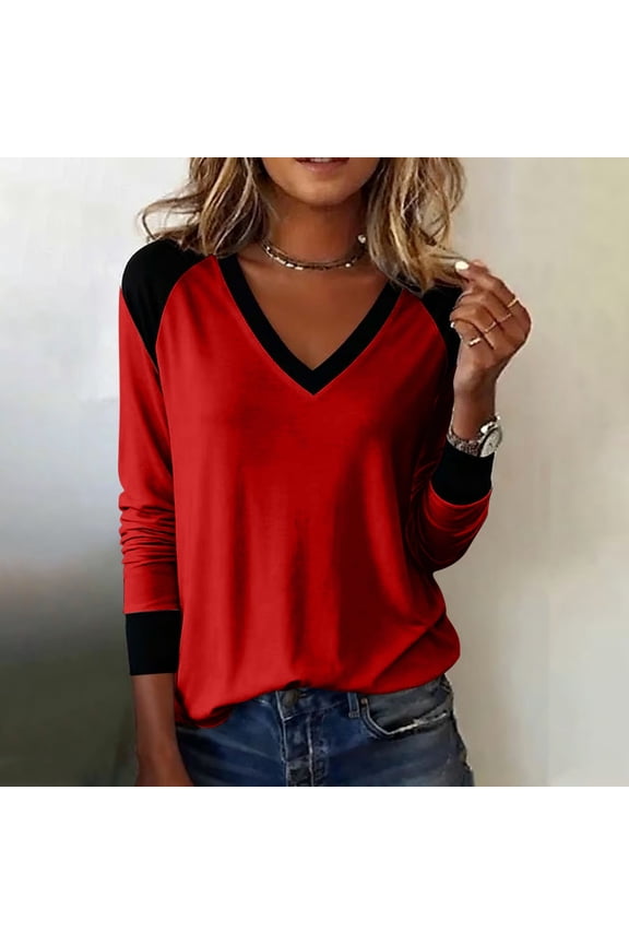 Colorblock Womens T Shirts Long Sleeve Crew Neck Tops Loose Fit Pullover Classic T-Shirt