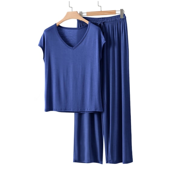 QUNYINEY Comfy Ladies Pajamas Sets Blue Cotton Short Sleeve 2 Piece Top And Pants V Neck Casual Ladies Loungewear Sets