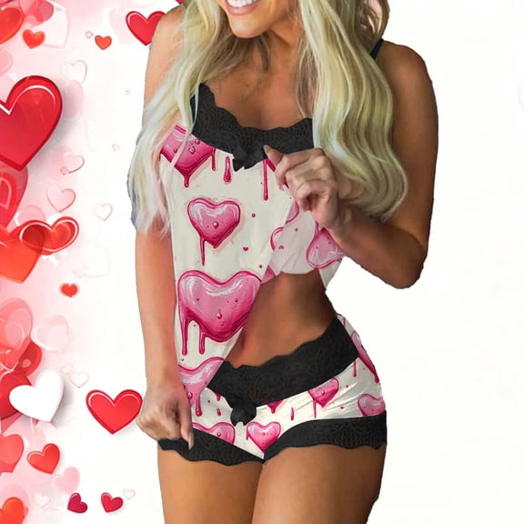 QUNYINEY Comfy Pajamas for Women Set Valentine Nightwear Sleeveless Love Heart Lace Tank Tops and Shorts Loose Fit Crew Neck Two Piece Womens Loungewear Set