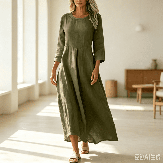 QUNYINEY Cotton Linen Dresses for Women 3/4 Sleeve Midi Casual A Line Dress Loose Fit Flowy Crew Neck Solid with Pockets Dresses S-2XL