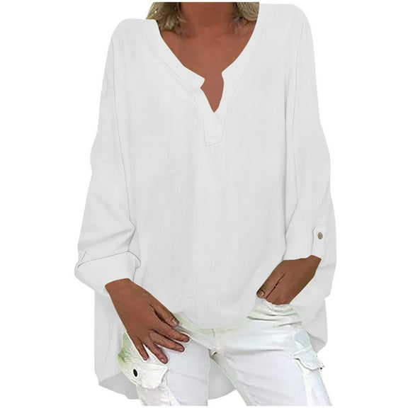 QUNYINEY Cotton Linen Shirts for Women Trendy Solid V Neck Casual Long Sleeve Tunic Top Plus Size Loose Fit Pullover Classic T-Shirt Womens Outfits