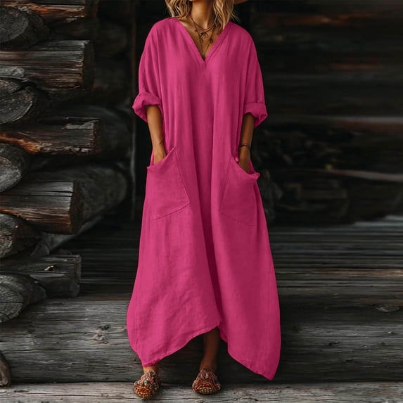 QUNYINEY Cotton Linen Spring Dresses for Women Casual Long 3/4 Sleeve Solid A Line Dress V Neck Loose Fit with Pockets Flowy Dresses