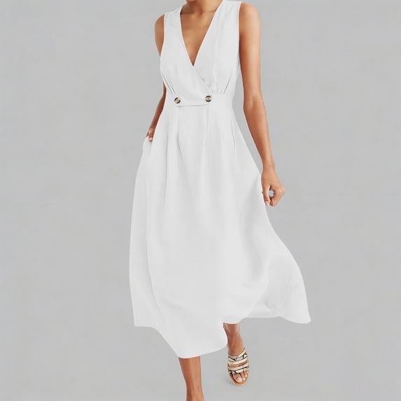 QUNYINEY Cotton Linen Summer Dresses for Women Midi Sleeveless Casual White Sundress with Pockets A Line V Neck Loose Fit Dresses