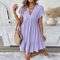 thumbnail image 1 of QUNYINEY Cotton Linen Womens Dress Short Sleeve Midi Summer Purple Sundress V Neck Loose Fit Vacation Ruffle Hem Dresses, 1 of 9
