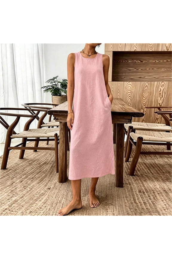Cotton Linen Womens Sun Dresses Pink Sleeveless Midi Casual Tank Dress with Pockets Loose Fit Beach Crew Neck Drop Shoulder Dresses
