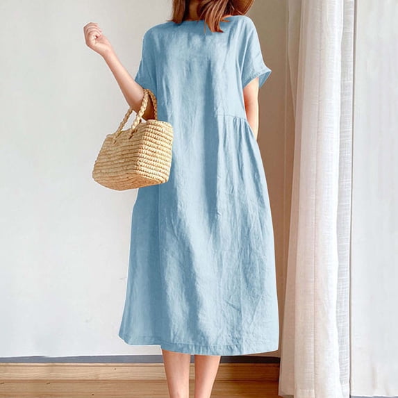 QUNYINEY Cotton Summer Dresses for Women 2026 Vacation Blue Short Sleeve A Line Midi Dresses Pleated Loose Fit Flowy Crew Neck Dresses