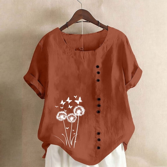QUNYINEY Cotton Tshirts Women Floral Summer Short Sleeve Tunic Tops Crew Neck Loose Fit Pullover Casual Button Shirts