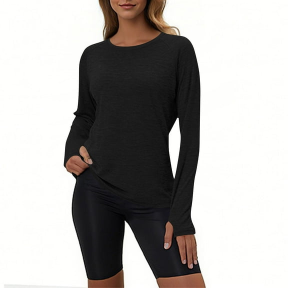 QUNYINEY Cotton Women Shirts Crew Neck Solid Casual Long Sleeve Tops Workout Pullover Thumbhole Loose Fit Classic T-Shirt Women Blouses