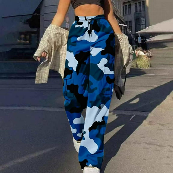 QUNYINEY Cotton Womens Cargo Pants Casual Wide Leg Camouflage Trousers Loose Workout Pants
