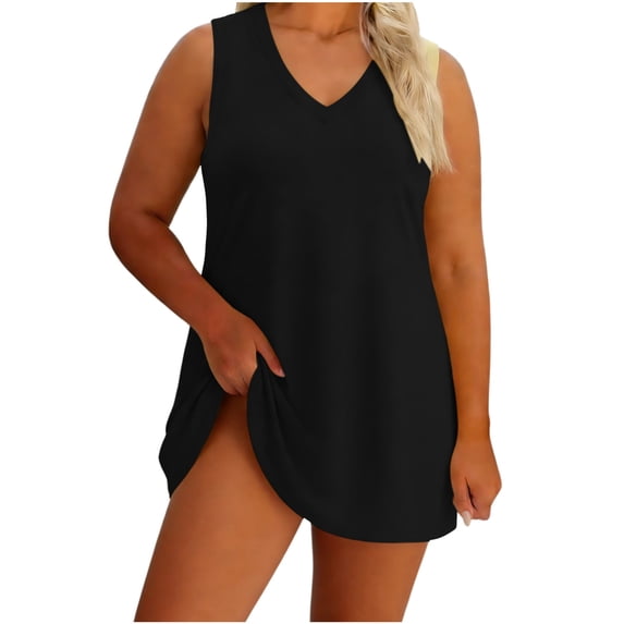 QUNYINEY Cotton Womens Sundresses Black Plus Size Mini Sleeveless House Dresses Casual Summer V Neck Loose Fit Flowy Dresses