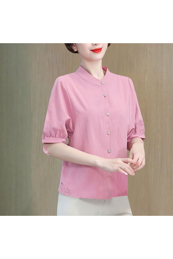 Crew Neck Button Down Shirts for Women Trendy Short Sleeve Solid Casual Tops Loose Cotton Linen Womens Blouse