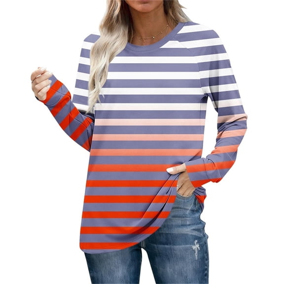 QUNYINEY Crew Neck Fall Tshirts for Women Long Sleeve Striped Fashion Tops Pullover Slim Fit Graphic Tees