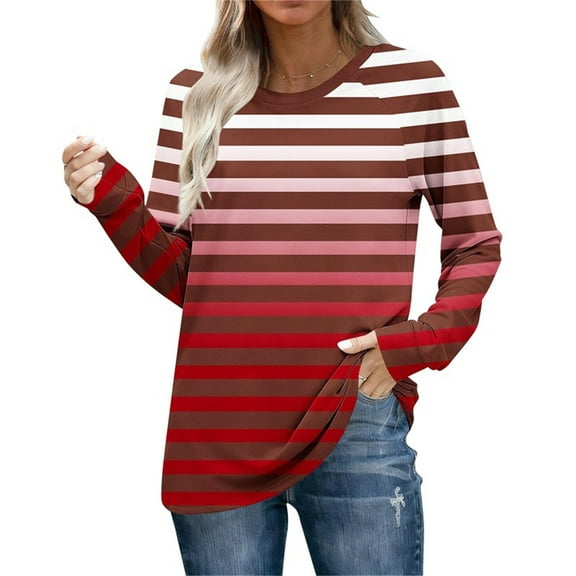 QUNYINEY Crew Neck Fall Womens Shirts Fashion Long Sleeve Striped Tops Slim Fit Pullover Graphic Tees