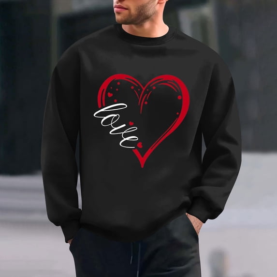 QUNYINEY Crew Neck Men Sweatshirts Long Sleeve Black Valentine's Day Casual Tops Loose Drop Shoulder Love Heart Pullover Sweatshirt