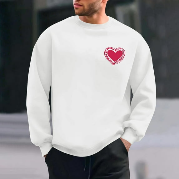 QUNYINEY Crew Neck Men Sweatshirts Long Sleeve Valentine's Day Casual White Tops Loose Pullover Drop Shoulder Sweatshirts