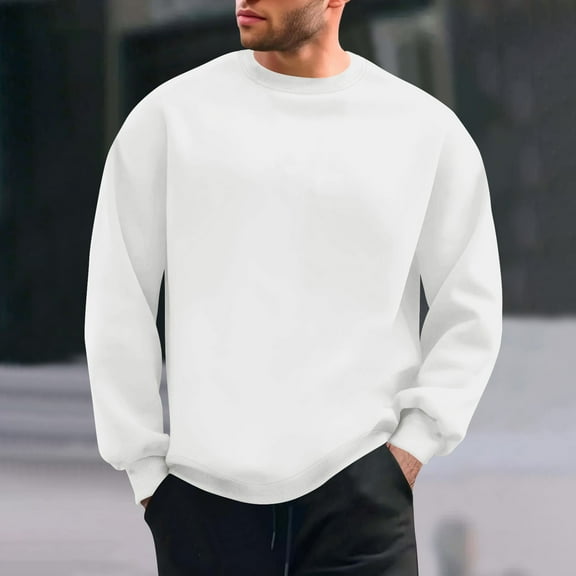 QUNYINEY Crew Neck Men's Sweatshirts White Casual Long Sleeve Solid Tops Drop Shoulder Pullover Loose Sweatshirt