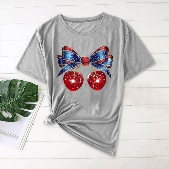 QUNYINEY Crew Neck Shirts for Women Casual Short Sleeve Independence Day Tops Loose Summer Knot Pullover Tops for Women