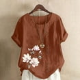 thumbnail image 1 of QUNYINEY Crew Neck Shirts for Women Floral Pullover Short Sleeve Casual Tops Button Loose Linen Summer Tops for Women, 1 of 4