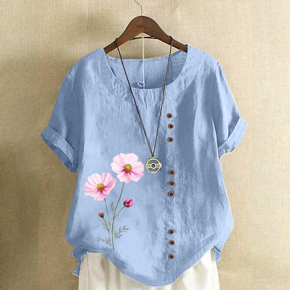 QUNYINEY Crew Neck Shirts for Women Floral Short Sleeve Casual Tops Plus Size Loose Cotton Linen Pullover Tops for Women Trendy