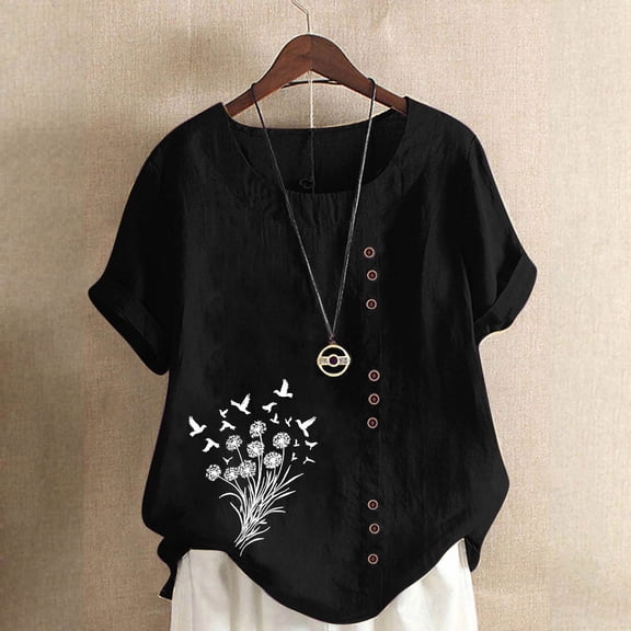 QUNYINEY Crew Neck Shirts for Women Short Sleeve Casual Dandelion Tops Cotton Linen Loose Button Pullover Women Tops