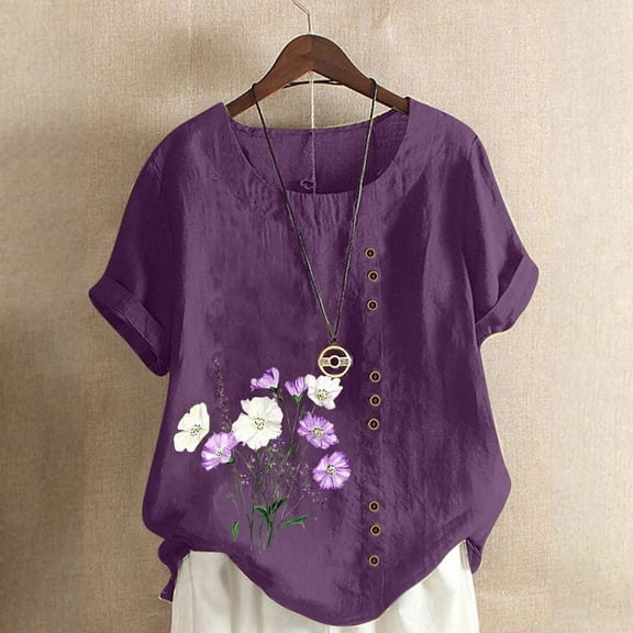 QUNYINEY Crew Neck Shirts for Women Short Sleeve Floral Pullover Casual Tops Linen Loose Button Women's Tops