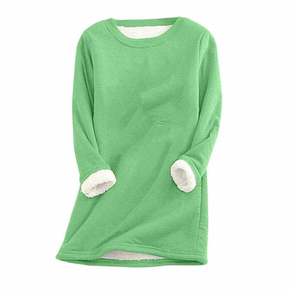 QUNYINEY Crew Neck Shirts for Women Solid Long Sleeve Casual Green Tops Loose Drop Shoulder Pullover Warm Fleece T-Shirts